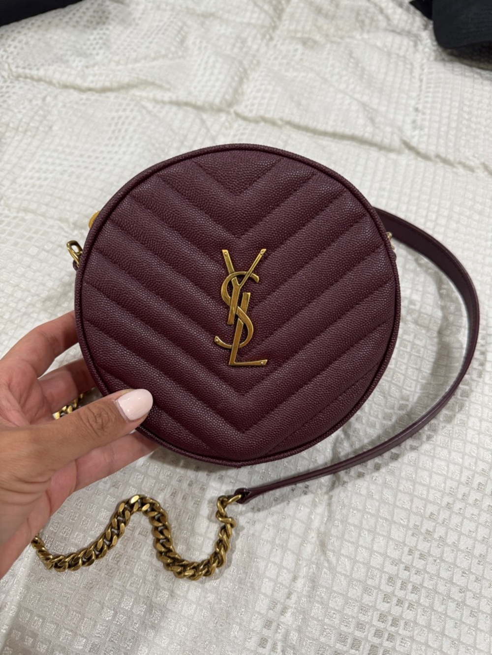 Saint Laurent Wine Quilted Round Crossbody with Gold YSL Chain - Picture 5 of 13